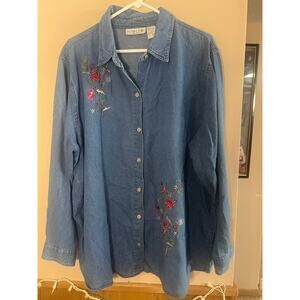 Vintage Denim Embroidered Floral Button Up Shirt